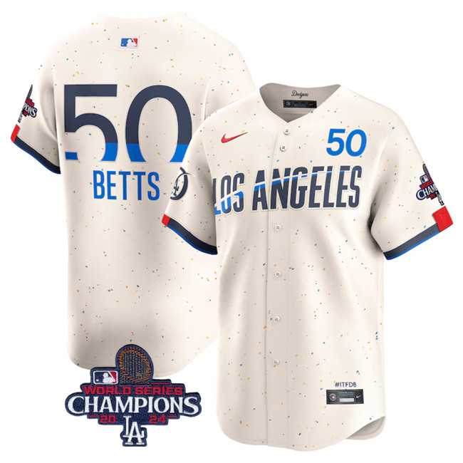 Men%27s Los Angeles Dodgers #50 Mookie Betts Cream 2024 World Series Champions City Connect Limited Stitched Baseball Jersey